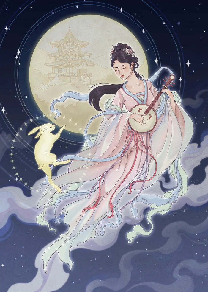 Moon Goddess Chang'e and the Moon Rabbit - My, Magic, Mythology, Chinese mythology, Art, Fantasy, Characters (edit), Story, Digital drawing, Longpost