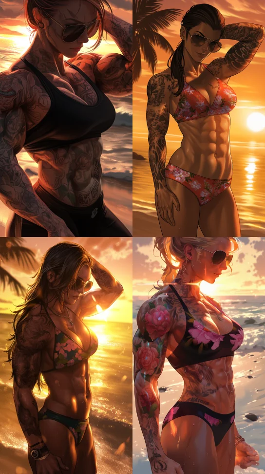 Bodybuilder beautiful muscular woman - My, Neural network art, Artificial Intelligence, Midjourney, Girls, Sports girls, Girl with tattoo