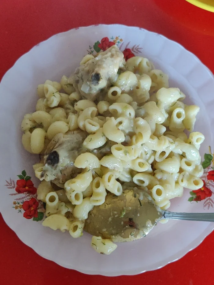 Pasta with meat - My, Moderator, Rules, Food, Pasta, Peekaboo Communities, Adequacy, Inadequate, Plate, Hen, Horns, The photo, Mobile photography