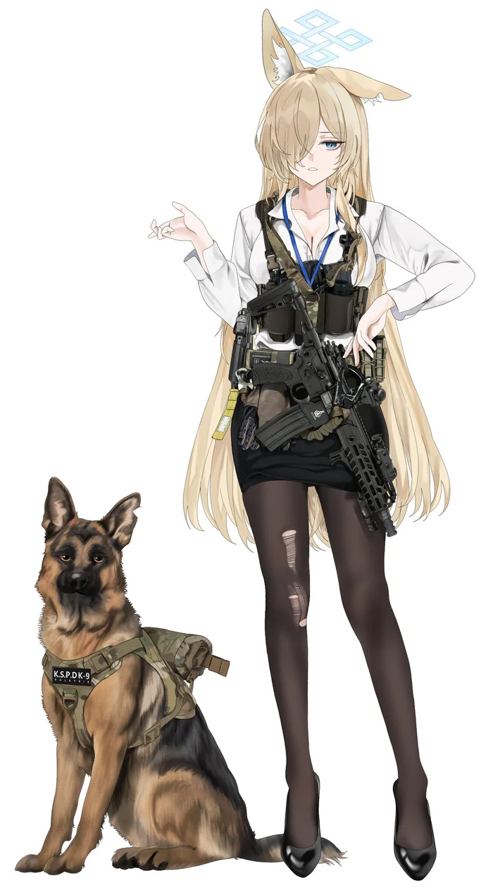 Doggies. I love doggies. - Anime, Anime art, Blue archive, Ogata Kanna, Animal ears, Tactics, Dog, German Shepherd, Tights