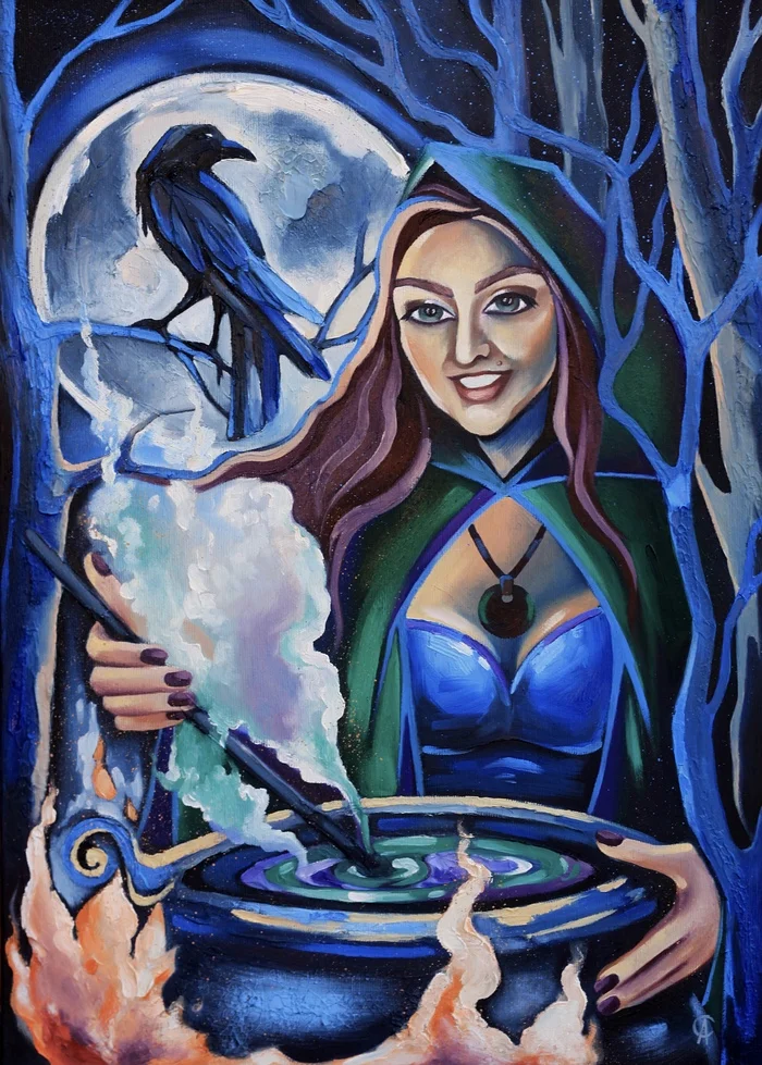 Portrait from a photo Witch. Magic of the night - My, Painting, Oil painting, Portrait, Portrait by photo, Drawing, Art, Creation, Modern Art, Art, Needlework, Witches, Magic, Magic, Crow, beauty, Interior, Decor, Fantasy, Dark fantasy, Longpost