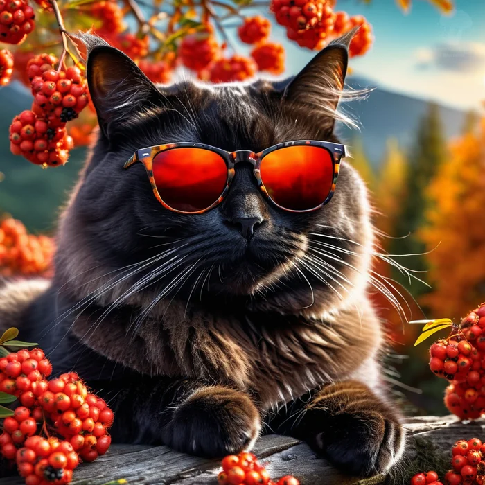 Happy Rowan Mood Day! - My, Neural network art, Chatgpt, Stable diffusion, Art, 2D, Postcard, September 3, Autumn, cat, Absurd