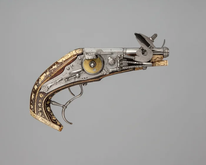 Wheellock pistol inlaid with bone and gold, Switzerland, 1597 - Historical photo, 16th century, Switzerland, Renaissance, Pistols, Firearms, Weapon