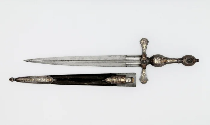 Beautiful dagger with scabbard, decorated with hunting scenes and Diana's mask - Historical photo, 16th century, Dagger, France, Renaissance, Steel arms, Weapon