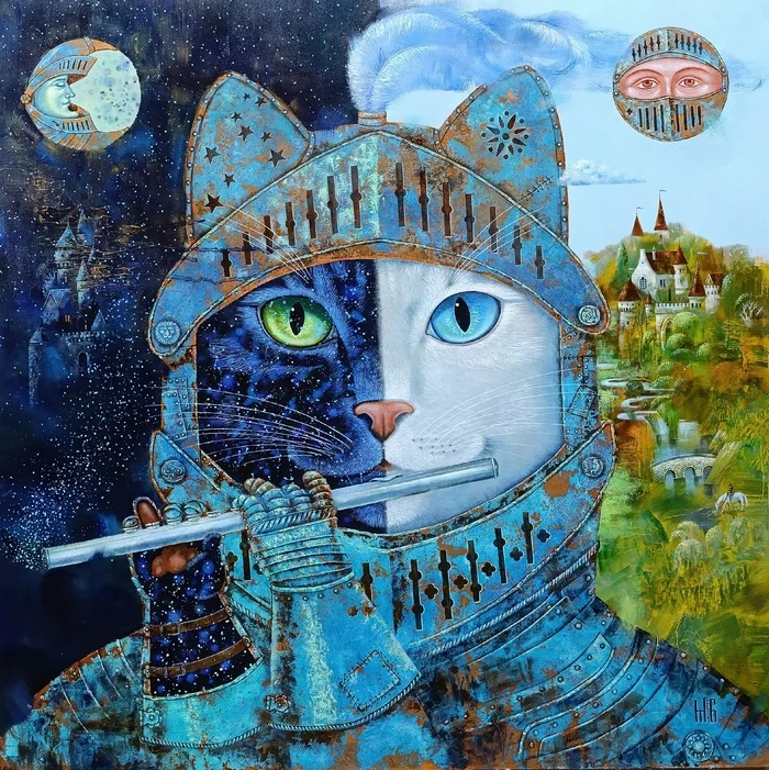 Equinox - My, Painting, Painting, cat, Author's painting, Oil painting, Canvas, Equinox, Middle Ages, Knights, Lock, Flute, Modern Art, Copper, Patina, moon, Month, The sun, Helmet, Night, Stars, Longpost