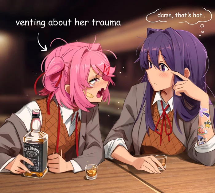 Talks about his injuries - Anime art, Anime, Doki Doki Literature Club, Natsuki, Yuri DDLC, Visual novel, Khyleri