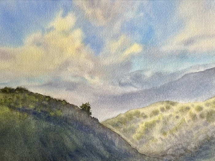 Golden hour - My, Watercolor, Landscape, Golden hour, Clouds, Sunset, Sunrises and sunsets, The mountains, Sky, Traditional art