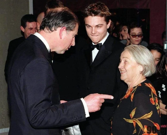 Leonardo DiCaprio with his grandmother Elena Stepanovna Smirnova and Prince Charles, London, 1998 - Leonardo DiCaprio, King Charles III (Prince Charles), Grandmother, London, 90th, Old photo, Actors and actresses