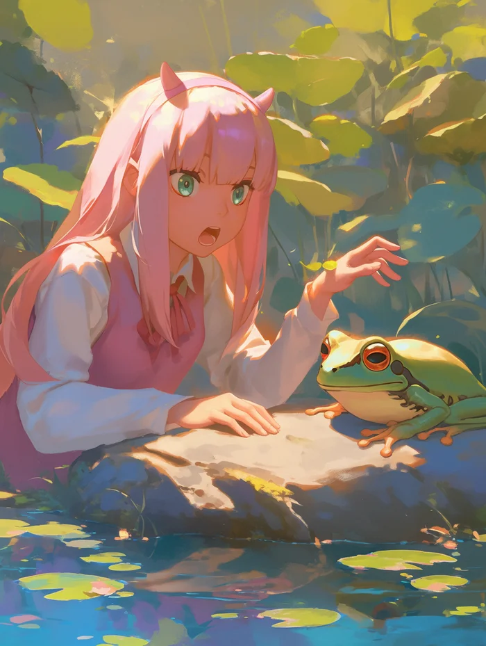 Zero Two and frog - Моё, Арт, Девушки, Anime Art, Аниме, Арты нейросетей, Zero Two, Darling in the Franxx, It Is Wednesday My Dudes, Жаба, Мемы, Рожки, Розовые волосы, Милота, Midjourney, Обои на телефон