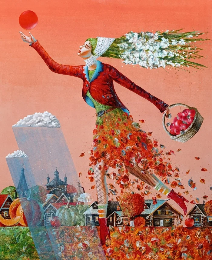 Lady Autumn - My, Painting, Modern Art, Art, Autumn, Author's painting, Canvas, Tempera, The sun, Apples, Rain, Pumpkin, Church, Temple, Izba, Village, Longpost