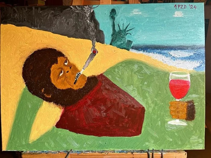 Dr. Zira gives Cornelius a blowjob. 1967 50x70 canvas, oil - My, Planet of the apes, Screen adaptation, Wine, Statue of Liberty, USA, Time travel, Modern Art, Canvas, Oil painting, Author's painting, Painting