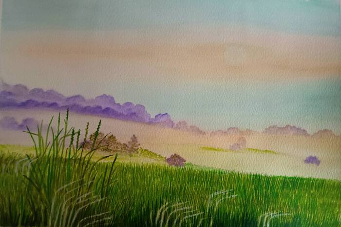 On a foggy morning - My, Drawing, Watercolor, Nature, Landscape, Traditional art