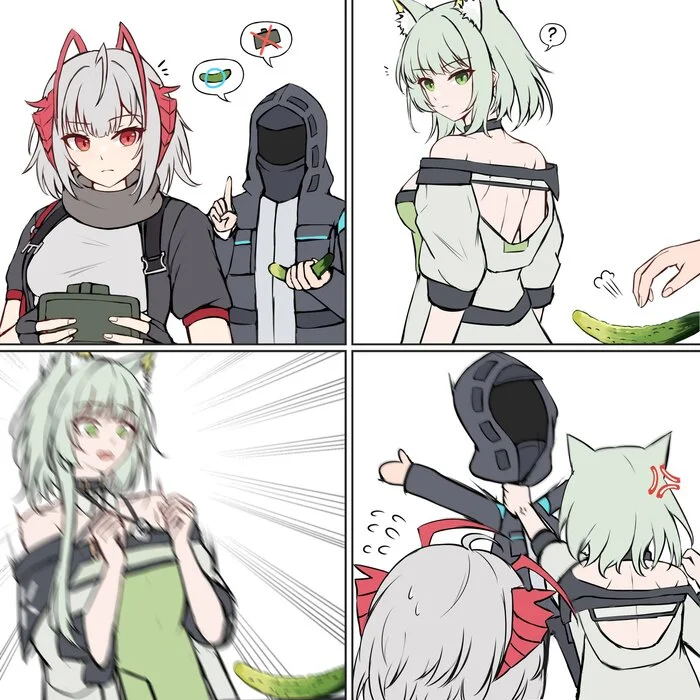 Cat and cucumber - Anime art, Anime, Arknights, Kaltsit, Doctor (Arknights), W (Arknights), Cucumbers, Animal ears, Twitter (link)