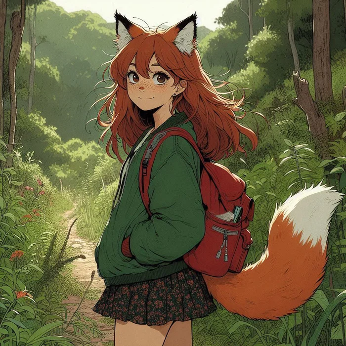 Along the overgrown path - My, Neural network art, Art, Anime art, Girls, Нейронные сети, Anime, Original character, Kitsune, Animal ears, Tail, Redheads, Freckles, Hike, Find, Summer, Forest, Ginger & White, Longpost