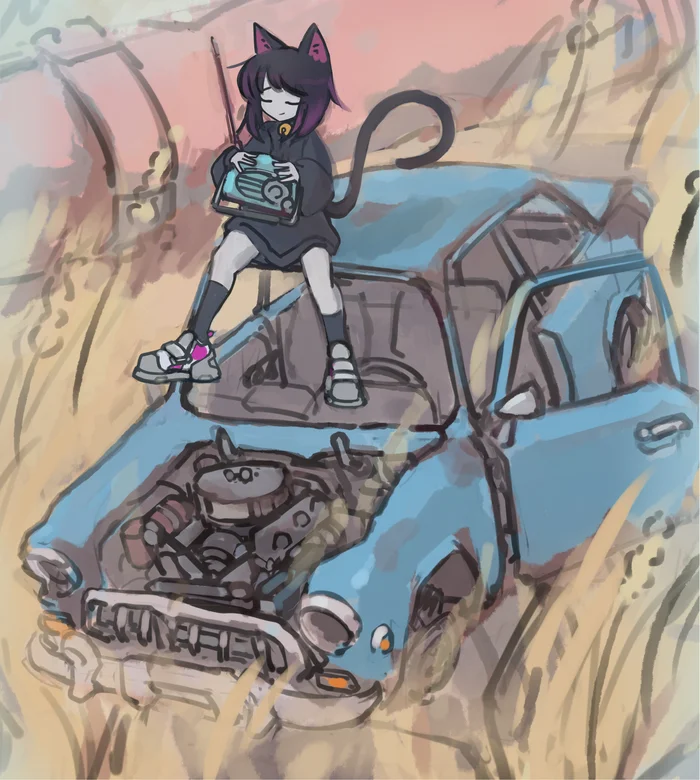 Slipper with a radio - My, Art, Drawing, Anime, Transport, Painting, Sketch