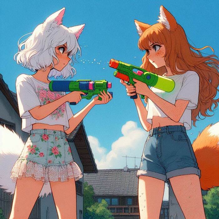 Duel - My, Art, Neural network art, Нейронные сети, Girls, Anime art, Anime, Original character, Kitsune, Animal ears, Tail, Water gun, Summer, Ginger & White, Longpost