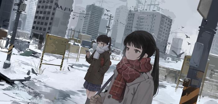 Winter day - Anime, Anime art, Original character, Girls, Winter, Urban environment