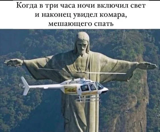 Blasphemy - Picture with text, Humor, Jesus Christ, Helicopter, Mosquitoes, Rio de Janeiro, Repeat