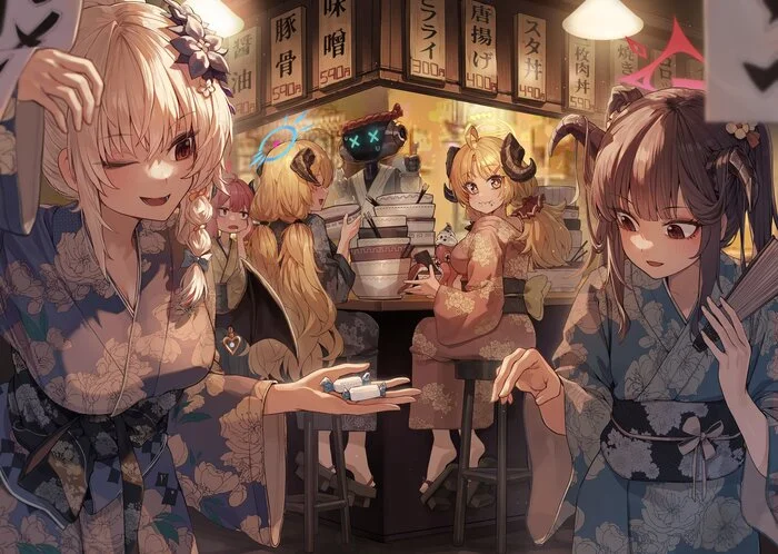 Exploring a new restaurant - Anime art, Anime, Girls, Games, Blue archive, Kurotate Haruna, Junko (Blue Archive), Shishidou Izumi, Aikiyo Fuuka, Girl with Horns, Food, Art, Kokukyukeo, Kimono