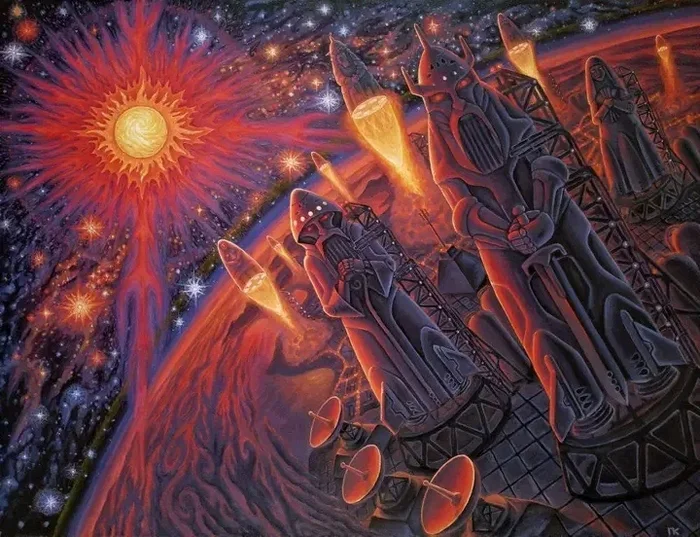 Birth of the Cosmic Gods. Canvas, oil - My, Art, Space, Science fiction, Space fiction, Painting, Cosmonautics