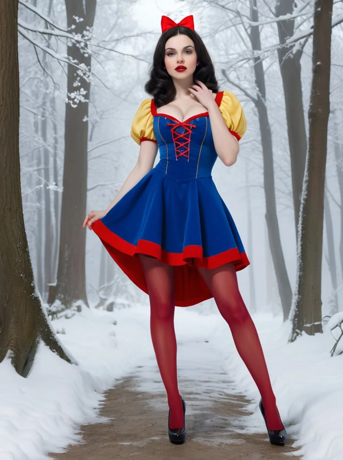 Not a modest Snow White - My, Art, 3D, Neural network art, Generated, Women, Snow White and the Seven Dwarfs, Story, Girls, Artificial Intelligence, Brunette, Stockings, Tights, Heels, Winter, Snow, The dress, Mini, Mini skirt, Santa Claus, Father Frost, Longpost