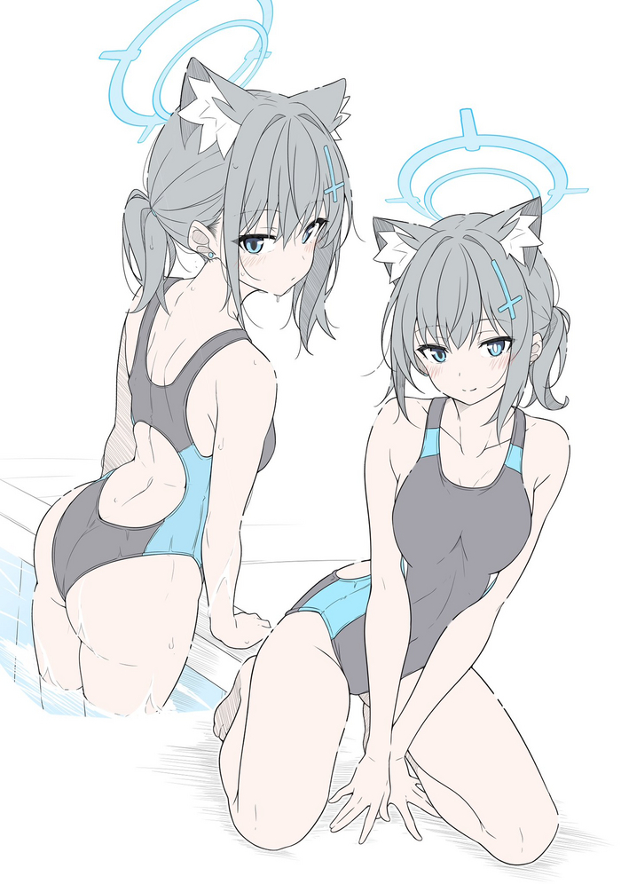 Shiroko Shiroko Anime Art, , Blue Archive, Sunaookami Shiroko, Animal Ears, T1kosewad, , One-piece swimsuit