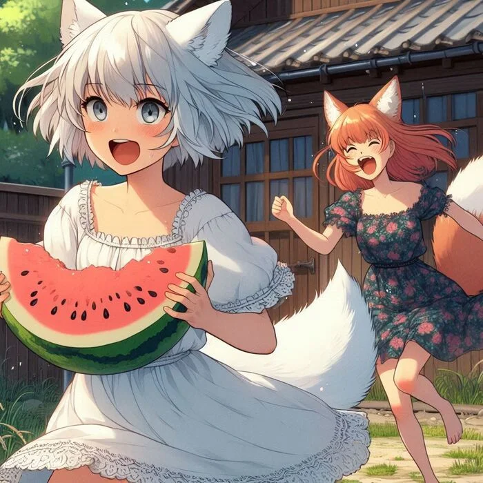 Give me back the watermelon! - My, Art, Neural network art, Нейронные сети, Girls, Anime art, Anime, Original character, Kitsune, Animal ears, Tail, Watermelon, Summer, Ginger & White, Longpost