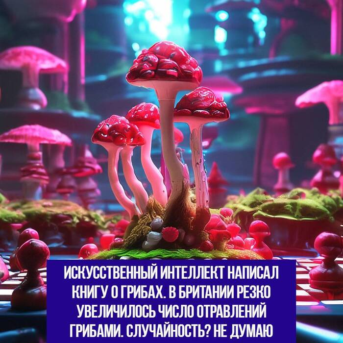 About the benefits of mushrooms - Picture with text, Black humor, Artificial Intelligence