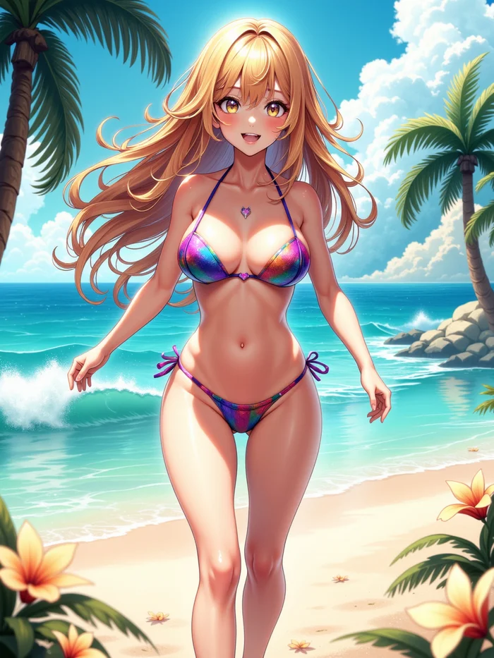 Neurotyanki #20 - My, Anime, Anime art, Neural network art, Flux, Original character, Нейронные сети, Stable diffusion, Swimsuit, Sea, Beach, Longpost