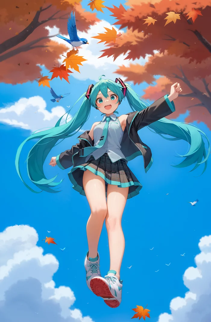 Friday Miku #5: Walking Under the Fallen Leaves - My, Hatsune Miku, Girls, Neural network art, Stable diffusion, Anime art, Phone wallpaper, Desktop wallpaper, Portrait, Autumn, In full growth, Leaf fall, Walk, Blue eyes, Colorful hair, Leather jacket, Skirt, Sneakers, A selection, Longpost