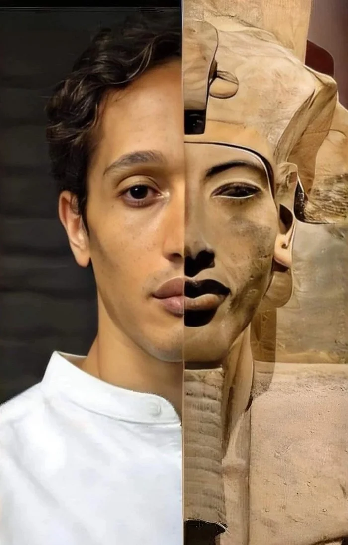 A modern Egyptian and a statue of Pharaoh Akhenaten - Egypt, Egyptians, Ancient Egypt, Akhenaten, The photo, Similarity, Appearance