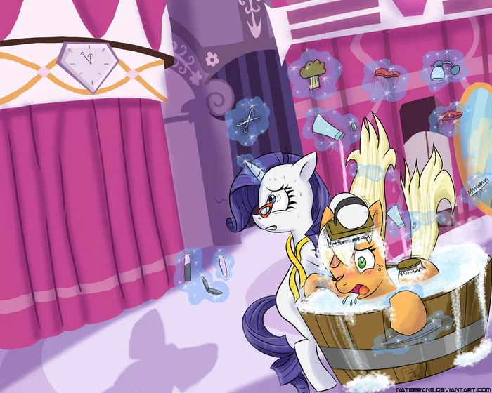 Faster, faster, FASTER! Darling, we're late! - My little pony, Rarity, Applejack, Applebloom