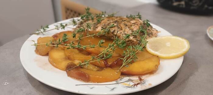 Unique recipe from neural network. Salmon with honey-mustard sauce and caramelized peaches - My, Recipe, Нейронные сети, Ingredients, Dish, Salmon, Peaches, Longpost