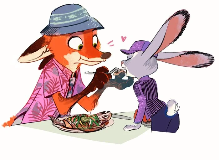 Рыбка - Зверополис, Carrot_berry217, Ник и джуди, Nick Wilde, Judy Hopps, Рыба, Скетч, Фурри