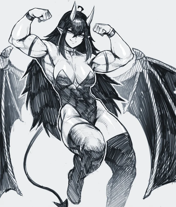 Muscular Succubus - Speedl00ver, Muscleart, Strong girl, Sleep-Sleep, Succubus, Girl with Horns, Monster girl, Demoness, Art, Anime art, Sports girls