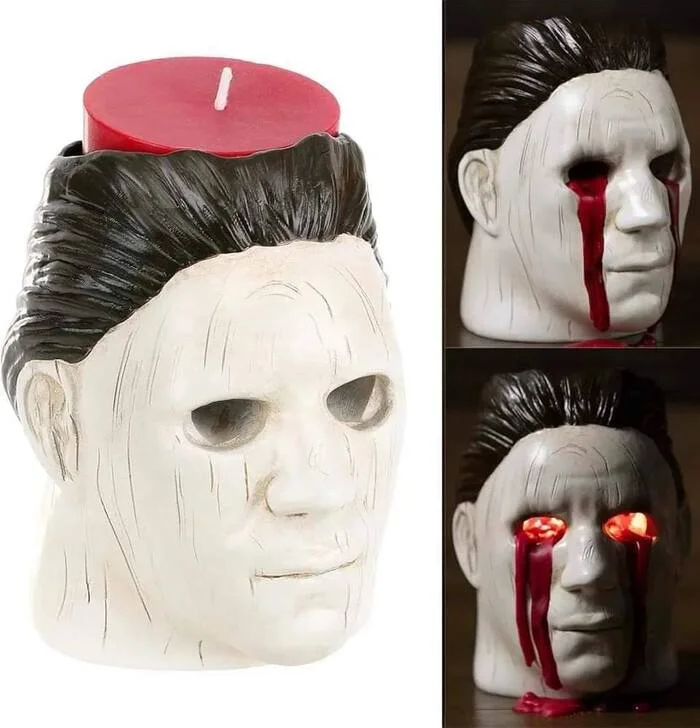 A creepy candlestick in the shape of Michael Myers' head is going viral online. When the candle lights up, the character's eyes start glowing - Michael Myers (Halloween), Candlestick, Movies, Candle, Funny, Telegram (link)