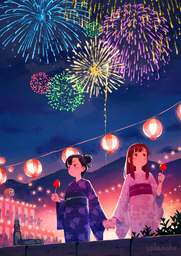 Pretend you don't care - Anime, Original character, Anime art, Yuri, Girls, Yukata, Fireworks, The festival, Chinese lanterns