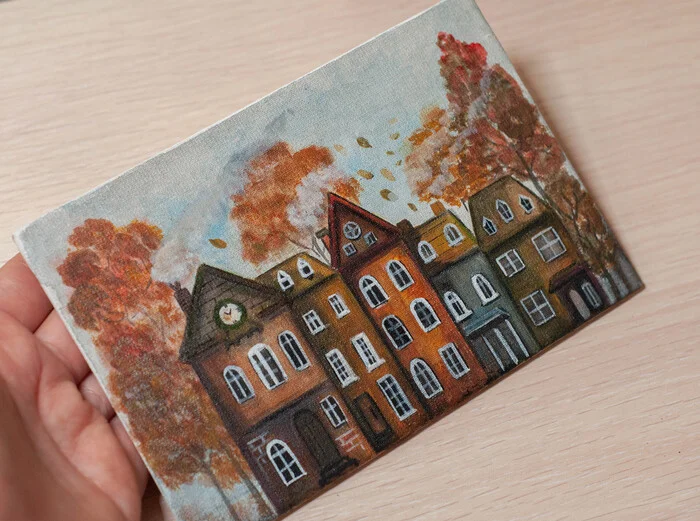 Autumn miniature, autumn has just begun, but it already inspired - My, Architecture, House, Decor, Handmade, Stockholm, Paints, Painting, Painting, Author's painting, Acrylic, Canvas