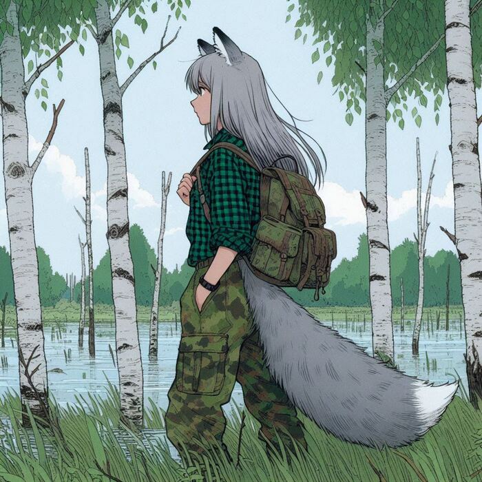 Helga and the saboteurs - My, Neural network art, Нейронные сети, Art, Anime art, Girls, Anime, Original character, Animal ears, Tail, Wolf, Kitsune, Forest, Beavers, Ginger & White, Longpost