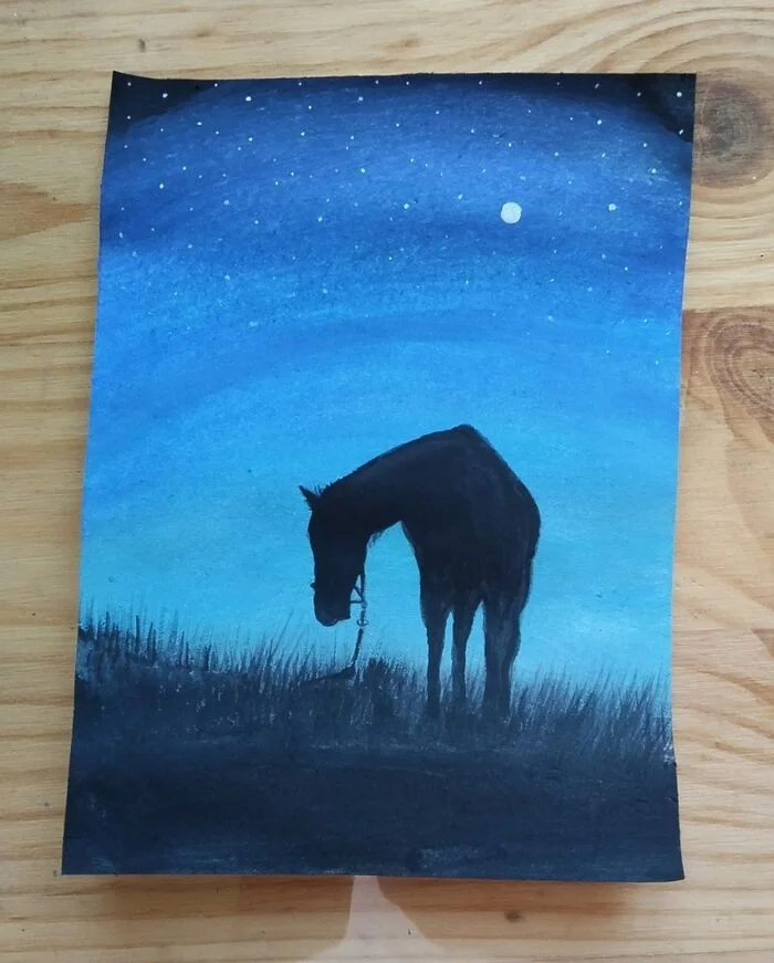 Gouache drawing - My, Images, Horses, Art, Art, Paints, Night, Author's painting, Gouache, Landscape, Beginner artist, Drawing, Painting