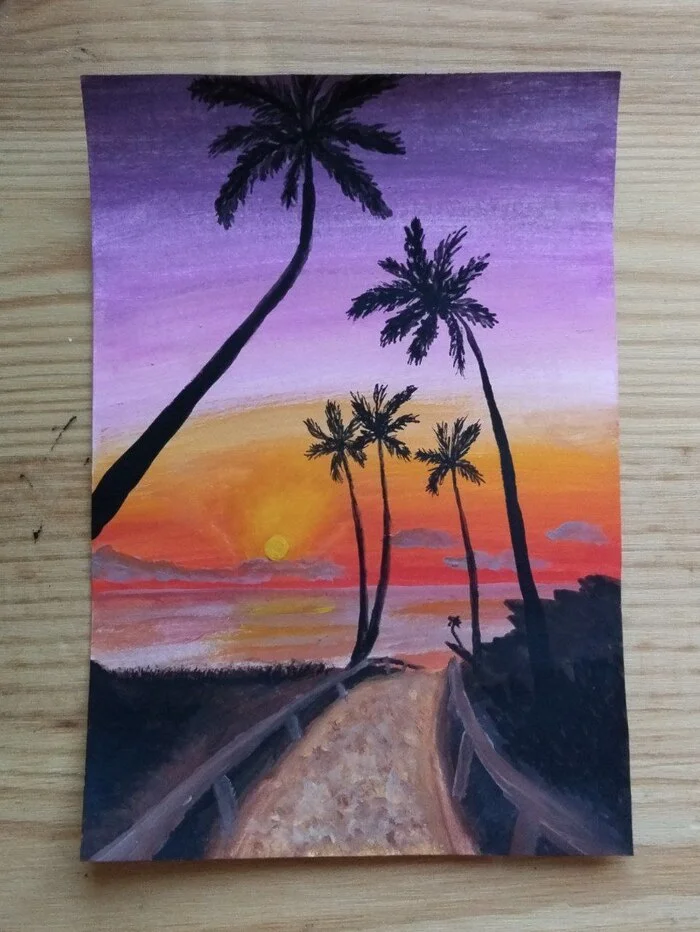 Gouache drawing - My, Beginner artist, Gouache, Landscape, Drawing, Art, Painting, Sunset, Palm trees, Sea, Art, Beach, Painting, Author's painting, Paints