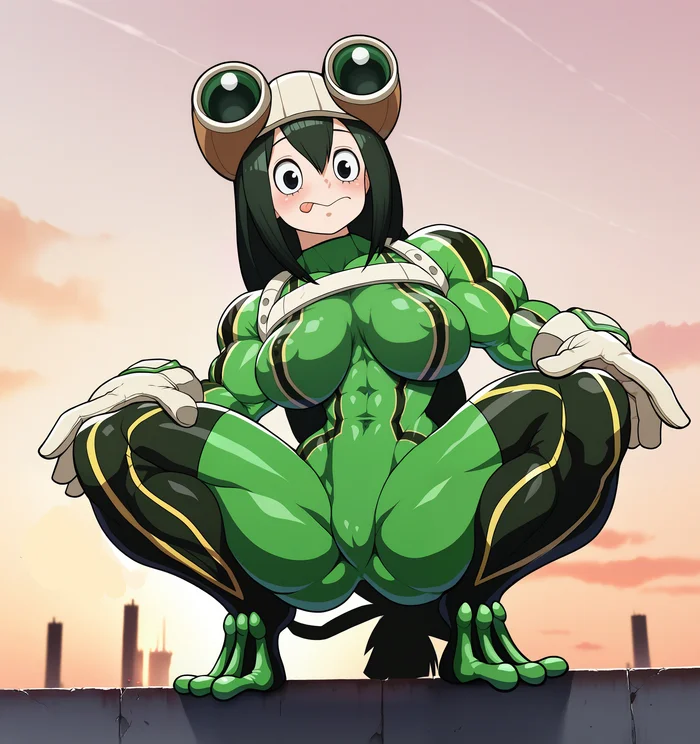 Tsuyu Asui - Muscleart, Asui Tsuyu, Boku no Hero Academia, Крепкая девушка, Арты нейросетей, Нейробицухи, Арт, Спортивные девушки, Мускулы, Аниме, Anime Art, Сну-Сну, Пресс, Длиннопост, Cutepowera1, Нейросетевые барышни