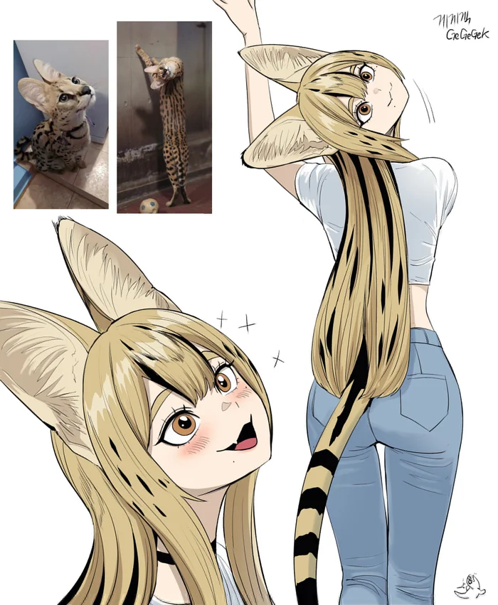 Continuation of the post “Humanization” - Art, Anime, Anime art, Humanization, Animal ears, Gegegekman, Tail, A wave of posts, Neko, Serval, Reply to post