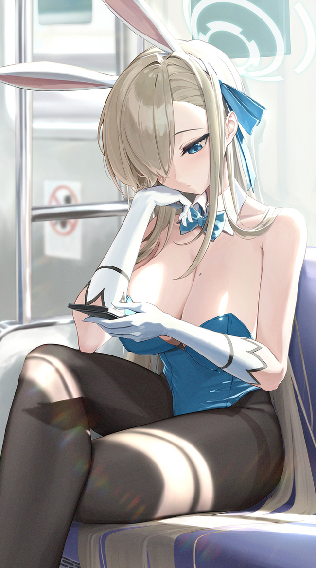 Bunny in the subway - NSFW, Anime, Anime art, Blue archive, Ichinose asuna, Bunnysuit, Bunny ears, Tights