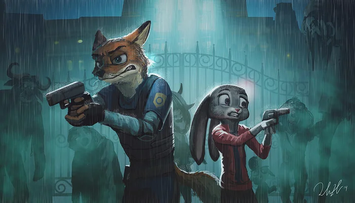 Обитель Зверозла - Зверополис, Resident Evil, Арт, Furry Art, Judy Hopps, Nick Wilde, Furry Fox, Furry rabbit, Антро, Кроссовер