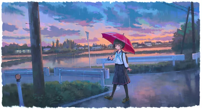 In the rain - Anime, Anime art, Original character, Seifuku, Schoolgirls, Umbrella, Rain, Road, Sunset, Rain season