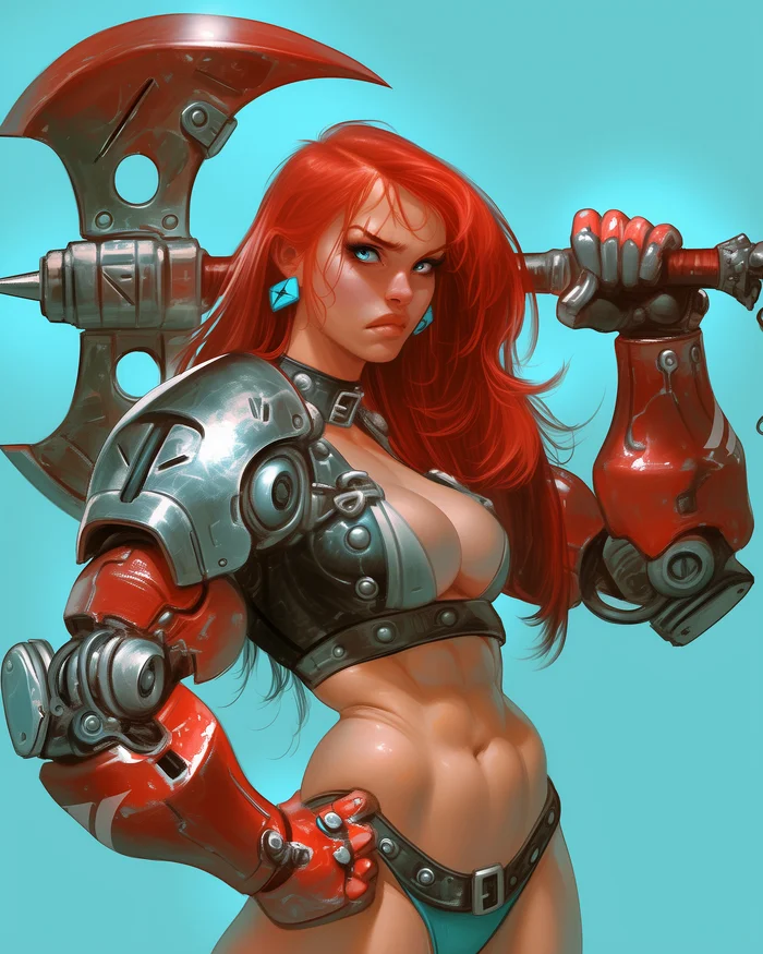 Cyber-barbarian - My, Neural network art, Midjourney, Pinanoc, Barbarian, Girls, Barbarian, Barbara, Strong girl, Dungeons & dragons, Muscle, Neckline