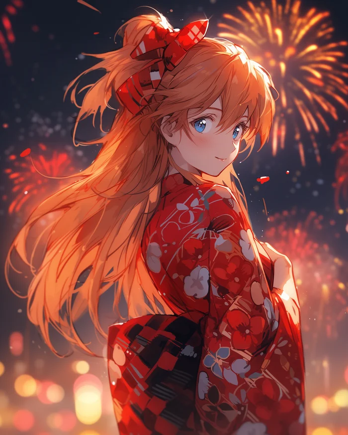 Asuka - Evangelion, Asuka langley, Anime art, Anime, Girls, Yukata, Fireworks