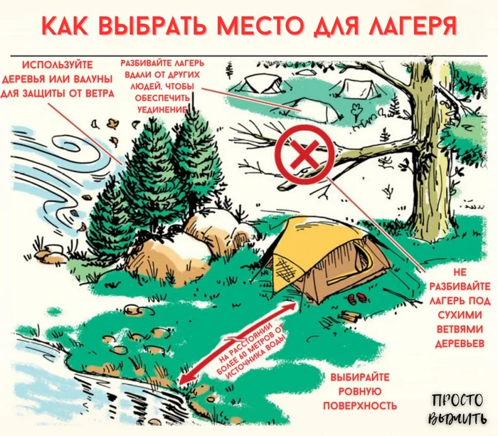 The Perfect Campsite: How to Ensure Comfort and Safety on a Camping Trip - Education, Survival, Infographics, Knowledge, Hike, Travels, Place, Camp, Safety, Mountain tourism, Nature, Forest, Choice, Factors, Availability, Privacy, Danger, Comfort, Tent, Installation, Picture with text