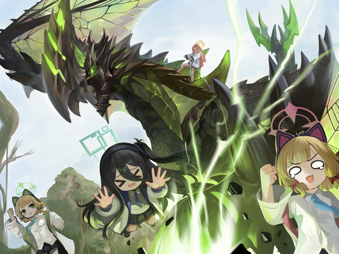   Blue Archive & Monster Hunter Blue Archive, Monster Hunter, Anime Art, Game Art, , , Saiba Momoi, Saiba Midori, Tendou Alice, Hanaoka Yuzu,   